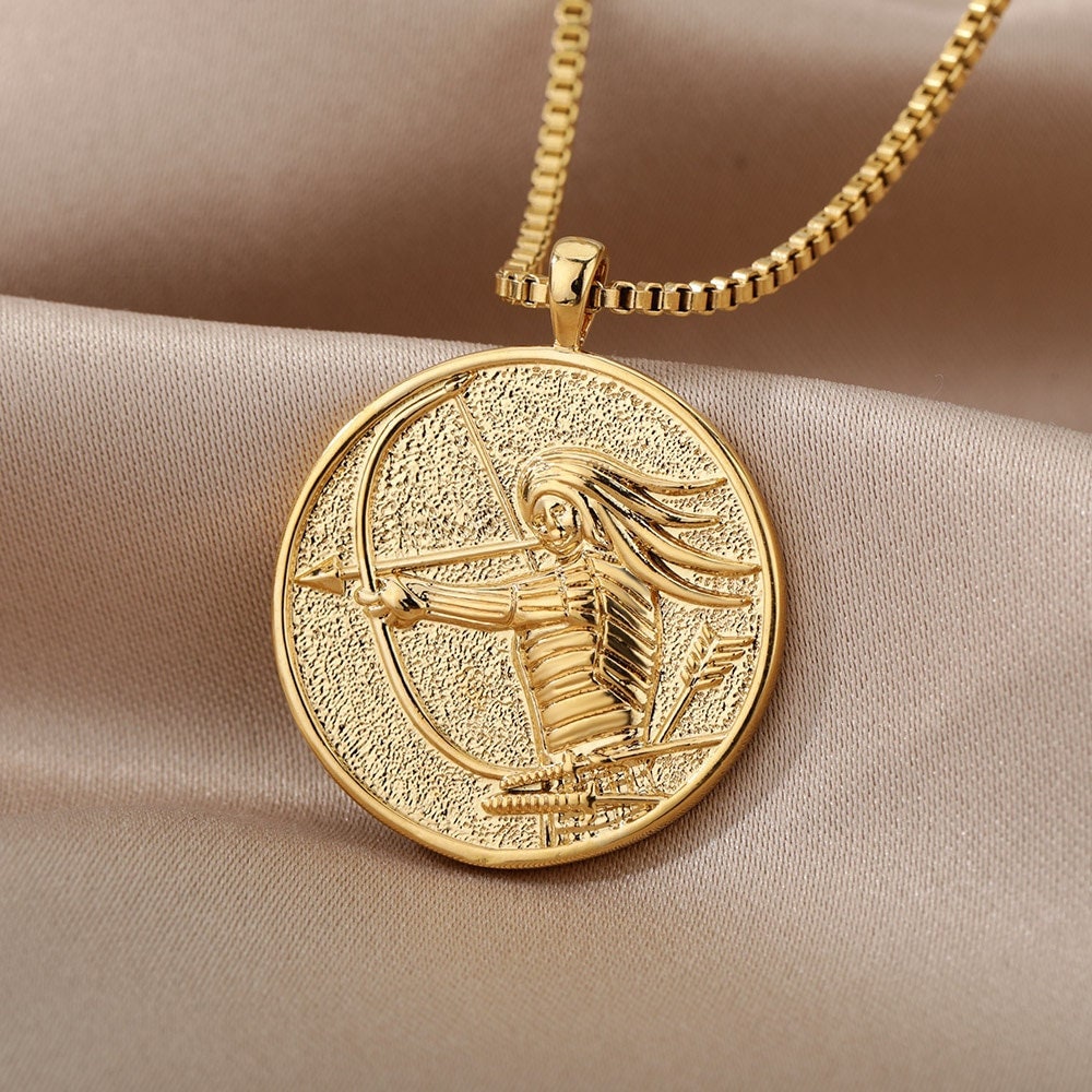 Mythology Mulan Goddess 18K Gold Plated Pendant For Women, Gold Dainty Necklace, Choker Chain, Layering Necklace, Goddess Coin