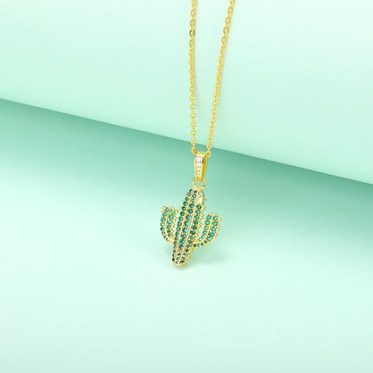 Punk Cactus Necklace, Cactus Crystal Charm, 18K Gold Cactus Necklace, Punk Fashion Necklace for Women, Gift for Her