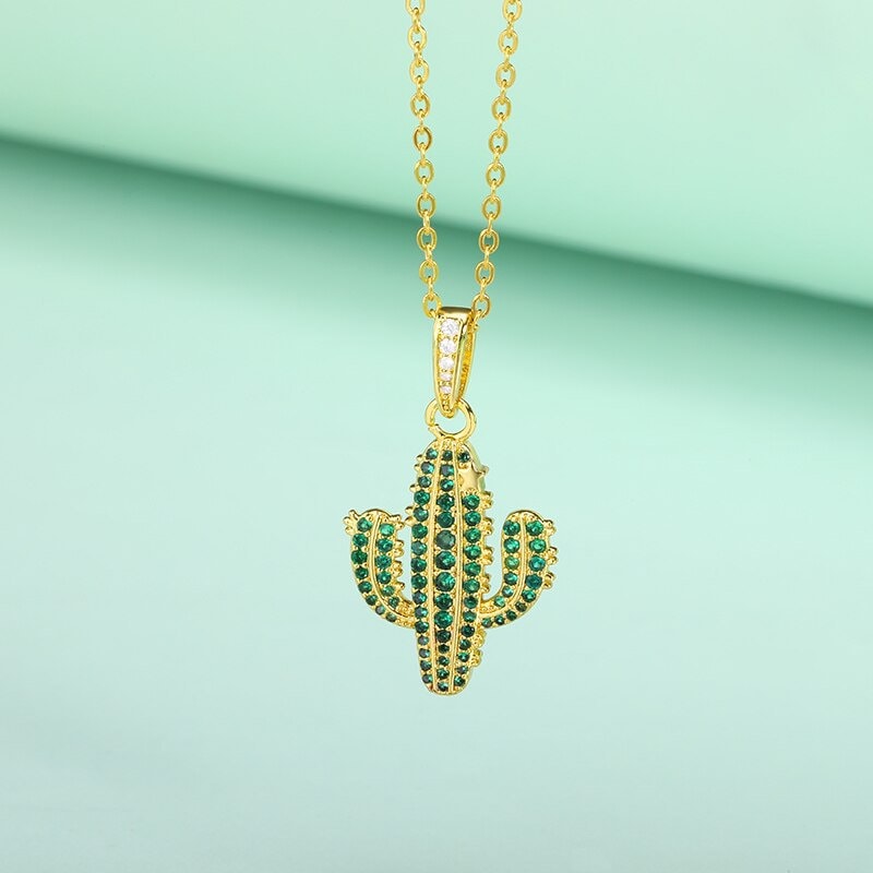 Punk Cactus Necklace, Cactus Crystal Charm, 18K Gold Cactus Necklace, Punk Fashion Necklace for Women, Gift for Her