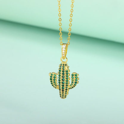 Punk Cactus Necklace, Cactus Crystal Charm, 18K Gold Cactus Necklace, Punk Fashion Necklace for Women, Gift for Her