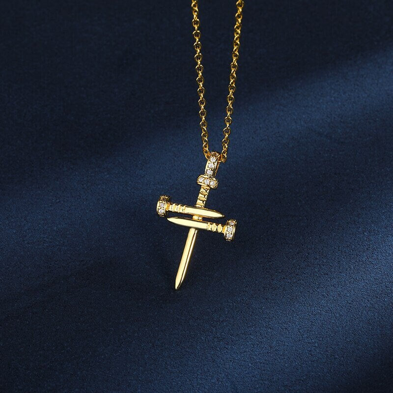 Punk Nail Necklace, Punk Cross Necklace, 18K Gold Cross Necklace, Punk Fashion Necklace for Women, Gift for Her