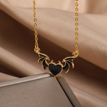 Gothic Demon Wings, Gothic Heart Necklace, 18K Gold Demon Wings Necklace, Gothic Black Heart Fashion Necklace for Women, Gift for Her