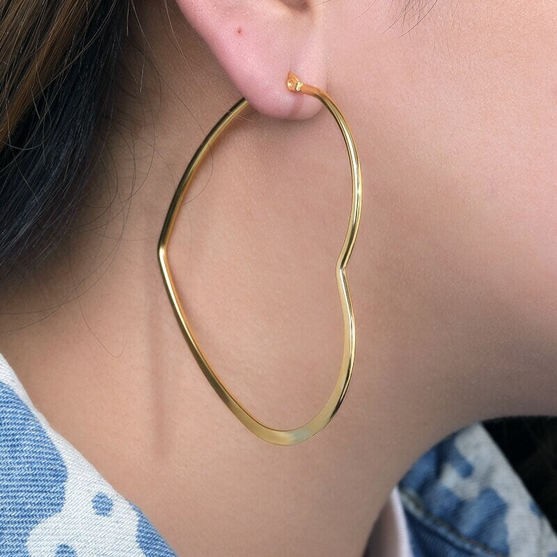 Big Heart Hoop Earrings, 18K Gold Hoop Earrings, Gold Heart Hoops, Heart Fashion Hoop Earrings for Women, Gift for Her