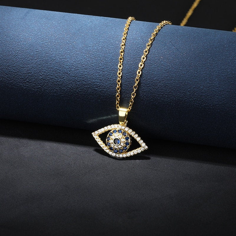 Gothic Evil Eye Charm, Blue Evil Eye Pendant, 18K Gold Evil Eye Necklace, Protection Charm Fashion Necklace for Women, Gift for Her