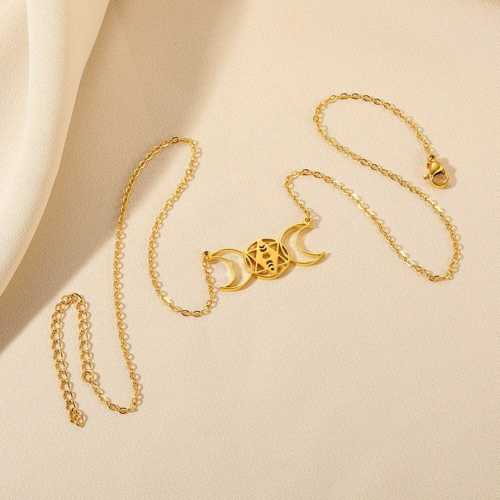 Gothic Wicca Necklace, Gothic Goddess, 18K Gold Goddess Necklace, Moon Goddess, Wicca Fashion Necklace for Women, Gift for Her