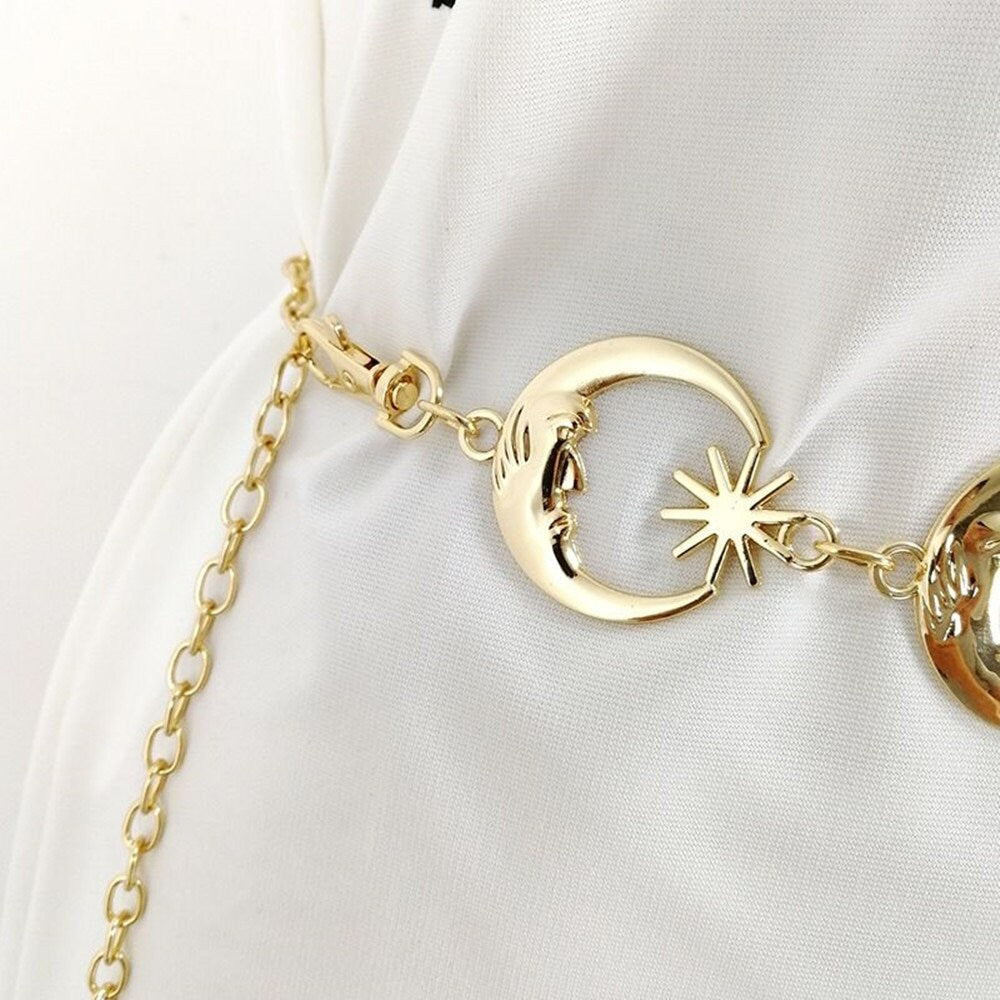 Gothic Moon Waist Chain, Punk Moon High Waist Chain, 18K Gold Moon Belly Chains, Celestial Fashion Waist Belt, Gift for Her