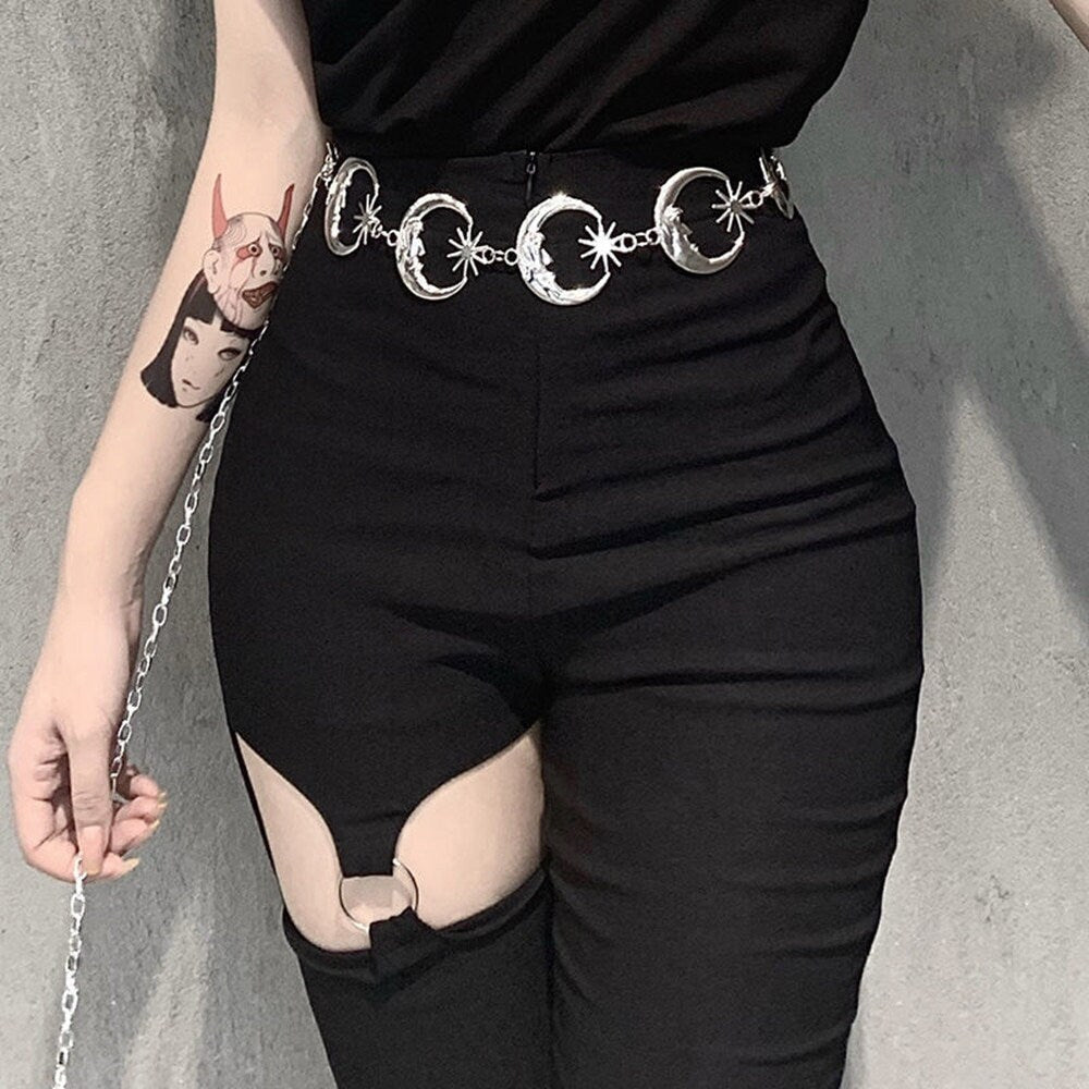 Gothic Moon Waist Chain, Punk Moon High Waist Chain, 18K Gold Moon Belly Chains, Celestial Fashion Waist Belt, Gift for Her
