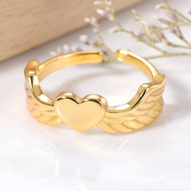 Punk Heart Ring, Punk Angel Wings Heart Ring, 18K Gold Heart Ring, Gold Wings Ring, Punk Fashion Ring for Women, Gift for Her