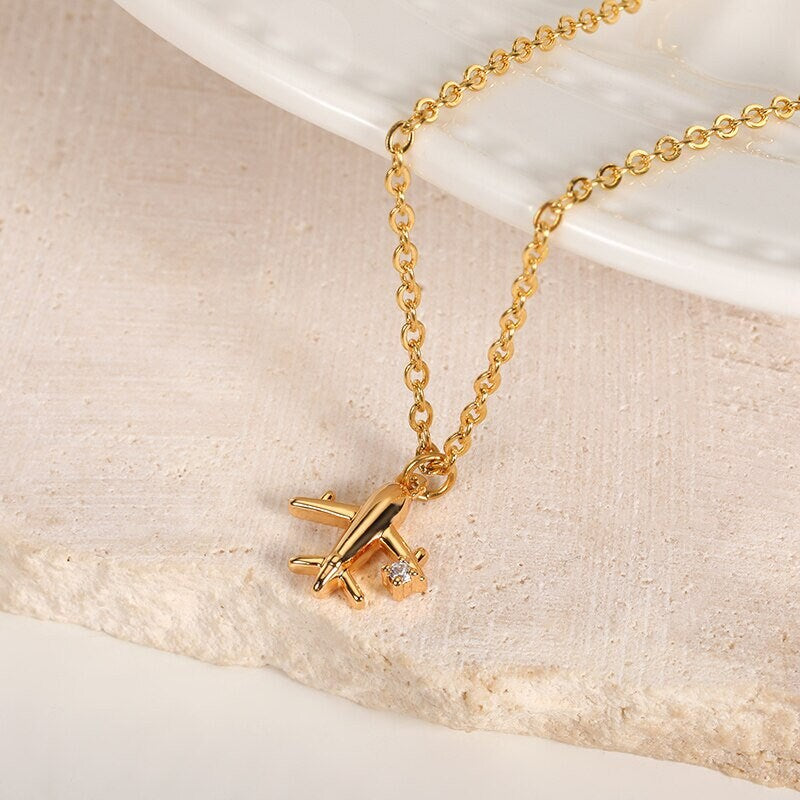 Punk Airplane Necklace, Punk Aircraft Pendant, Cute Airplane Charm, 18K Gold Airplane Necklace, Fashion Necklace for Women, Gift for Her