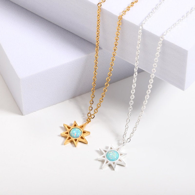 Gothic Sun Necklace, Opal Sun Charm, 18K Gold Sun Necklace, Opal Sun Pendant, Gothic Sun Fashion Necklace for Women, Gift for Her