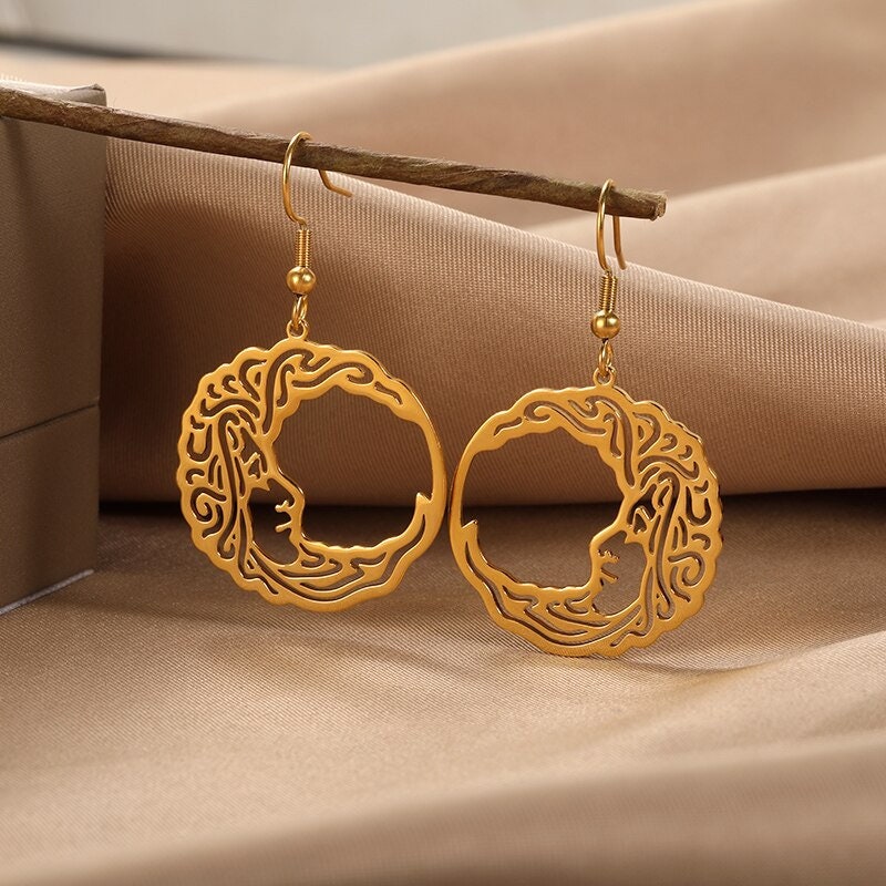 Moon Goddess Earrings, Gothic Moon Earrings, 18K Gold Moon Earrings, Gold Moon Goddess, Moon Fashion Earrings for Women, Gift for Her