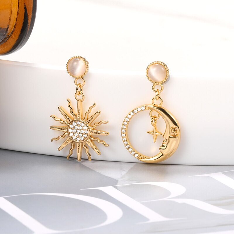 Gothic Sun &amp; Moon Earrings, 18K Gold Sun Earrings, Gold Moon Earrings, Celestial Fashion Earrings for Women, Gift for Her