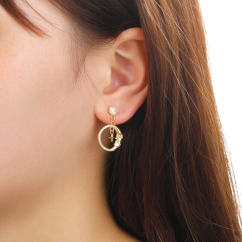 Gothic Sun & Moon Earrings, 18K Gold Sun Earrings, Gold Moon Earrings, Celestial Fashion Earrings for Women, Gift for Her