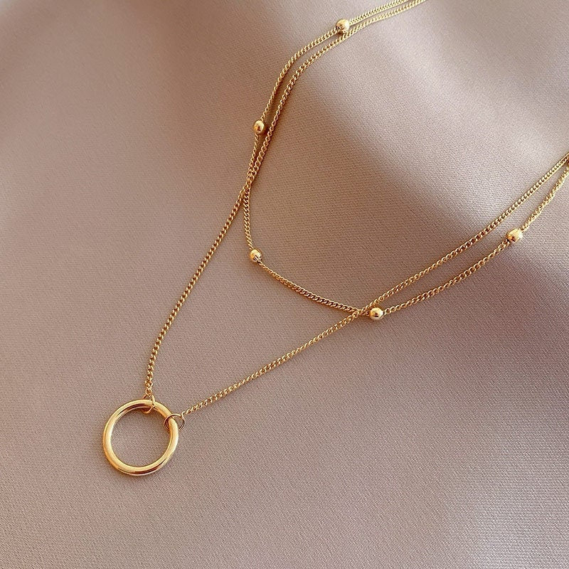 Dainty Layer Necklace, 18K Gold Layer Ring Necklace, 18K Gold Bead Layer Necklace, Dainty Party Fashion Necklace for Women, Gift for Her