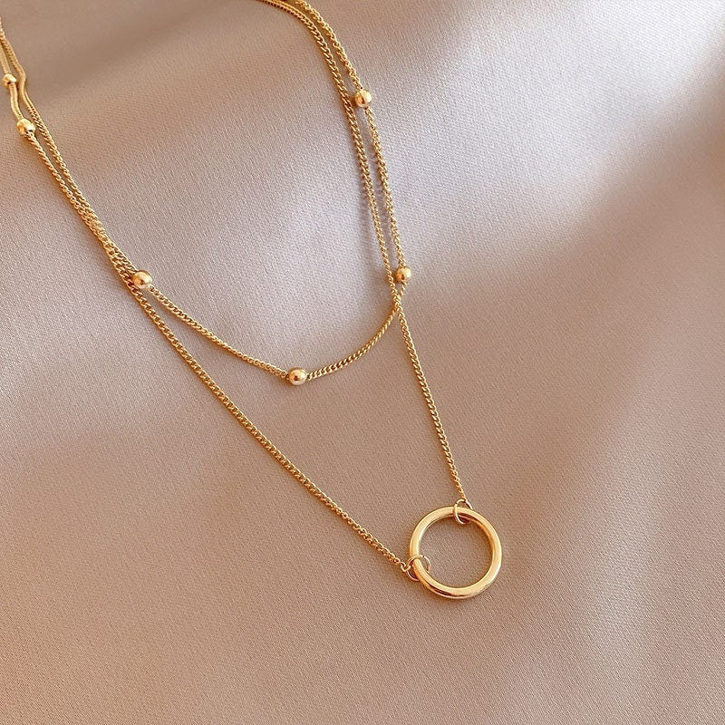 Dainty Layer Necklace, 18K Gold Layer Ring Necklace, 18K Gold Bead Layer Necklace, Dainty Party Fashion Necklace for Women, Gift for Her