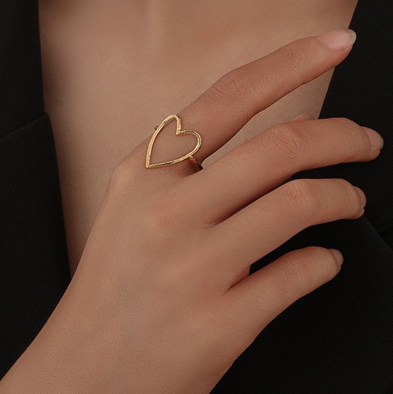 Punk Heart Ring, Thin Heart Ring, Dainty Heart Ring, 18K Gold Heart Ring, Punk Fashion Ring for Women, Gift for Her