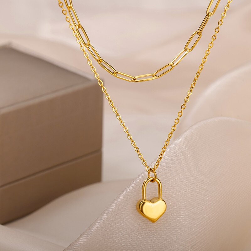 Punk Heart Chain, Heart Lock Pendant, 18K Gold Lock Necklace, Gold Heart Lock Necklace, Punk Fashion Necklace for Women, Gift for Her