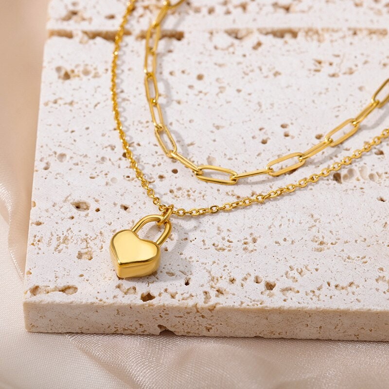 Punk Heart Chain, Heart Lock Pendant, 18K Gold Lock Necklace, Gold Heart Lock Necklace, Punk Fashion Necklace for Women, Gift for Her