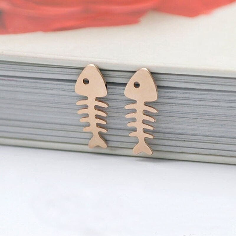 Cute Fish Bones Earrings, Punk Fish Bones Earrings, Punk Bones Studs, 18K Gold Bones Earrings, Punk Fashion Earrings for Women