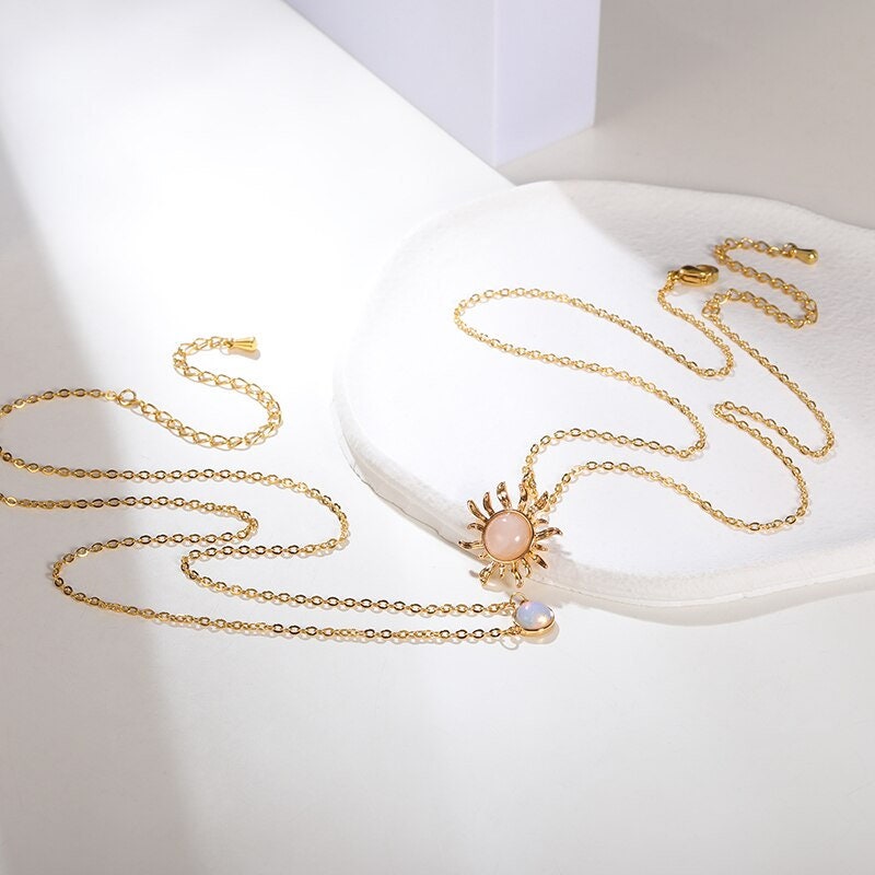 Gothic Sun Necklace, Opal Sun Necklace, 18K Gold Sun Necklace, Gothic Fashion Necklace for Women, Gift for Her