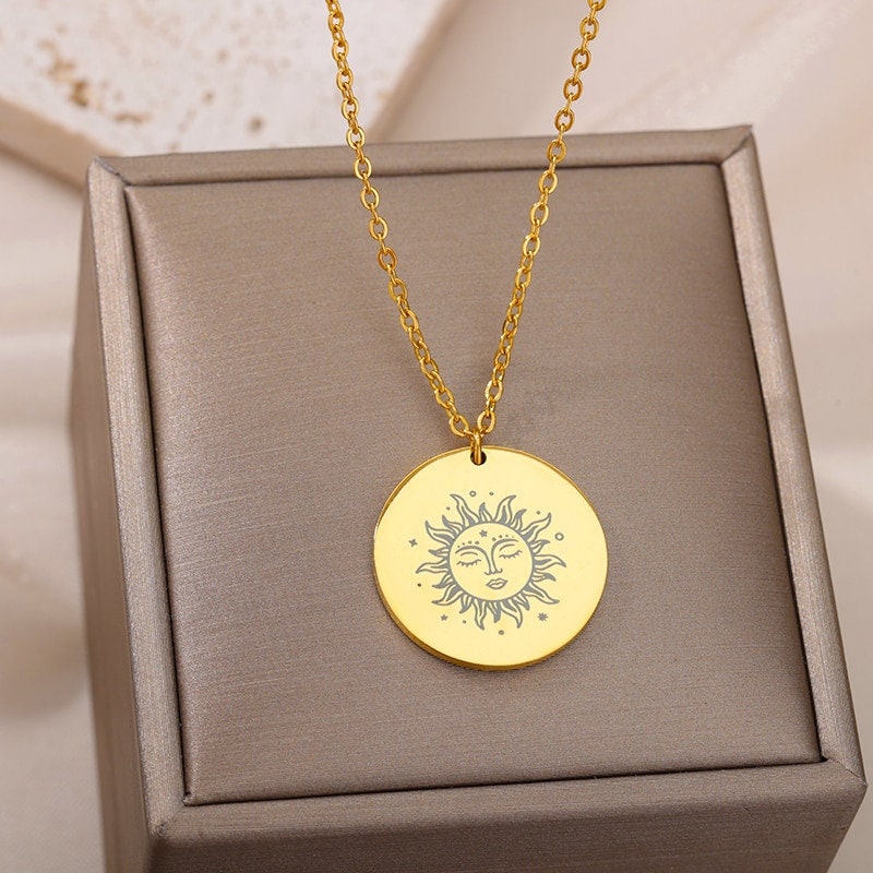 Gothic Sun Coin, 18K Gold Sun Necklace, Gold Sun Coin Pendant, Sun Fashion Necklace for Women, Gift for Her