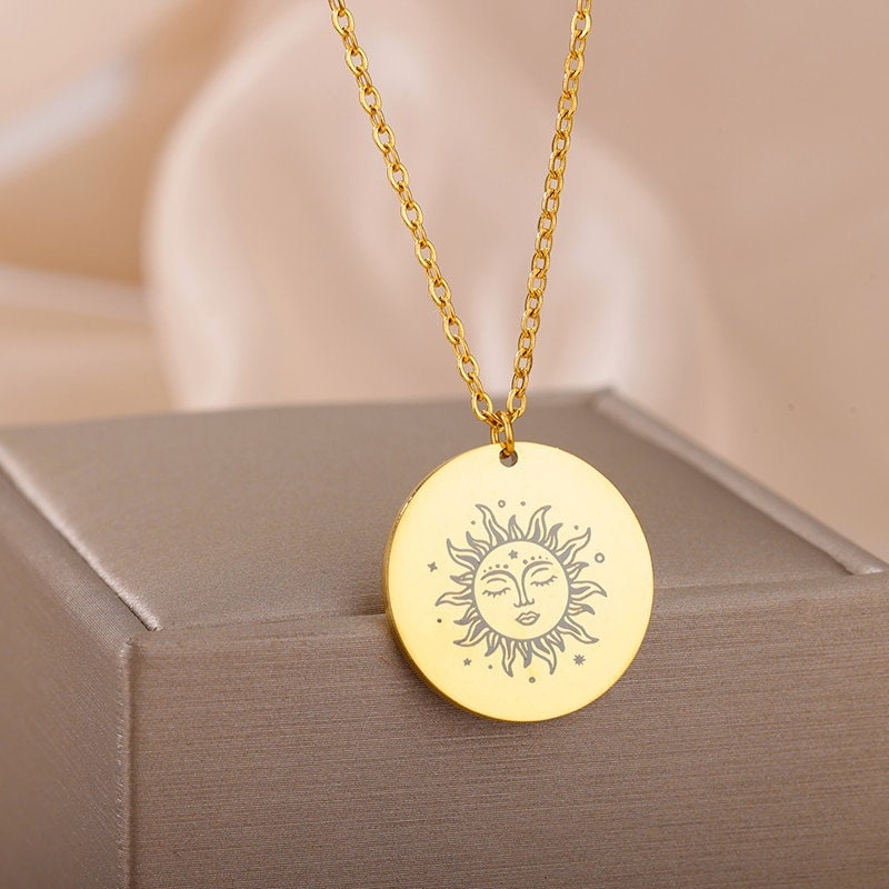 Gothic Sun Coin, 18K Gold Sun Necklace, Gold Sun Coin Pendant, Sun Fashion Necklace for Women, Gift for Her