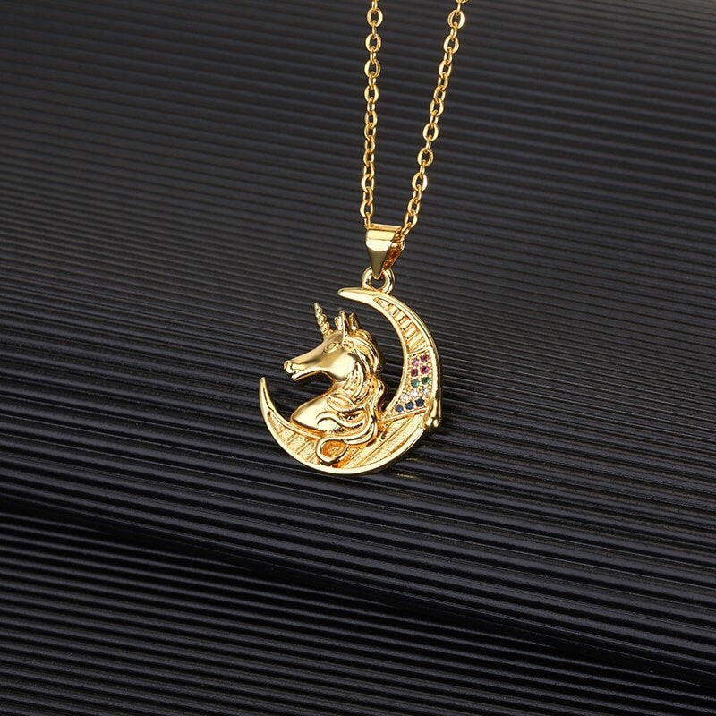 Gothic Unicorn Necklace, Gothic Moon Necklace, Punk Unicorn, 18K Gold Unicorn Necklace, Moon Fashion Necklace for Women, Gift for Her