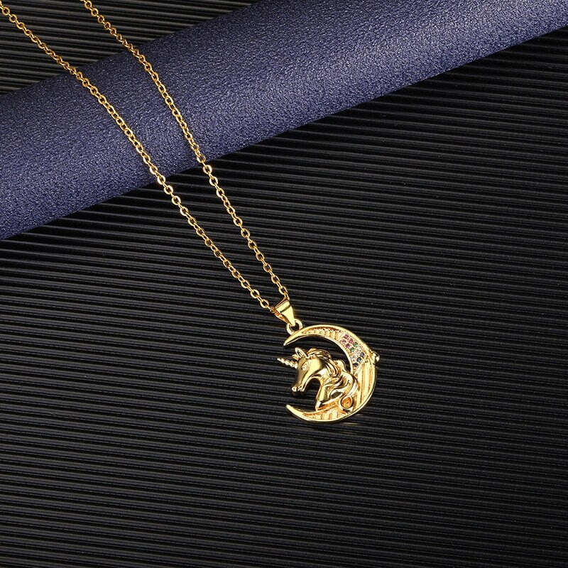 Gothic Unicorn Necklace, Gothic Moon Necklace, Punk Unicorn, 18K Gold Unicorn Necklace, Moon Fashion Necklace for Women, Gift for Her