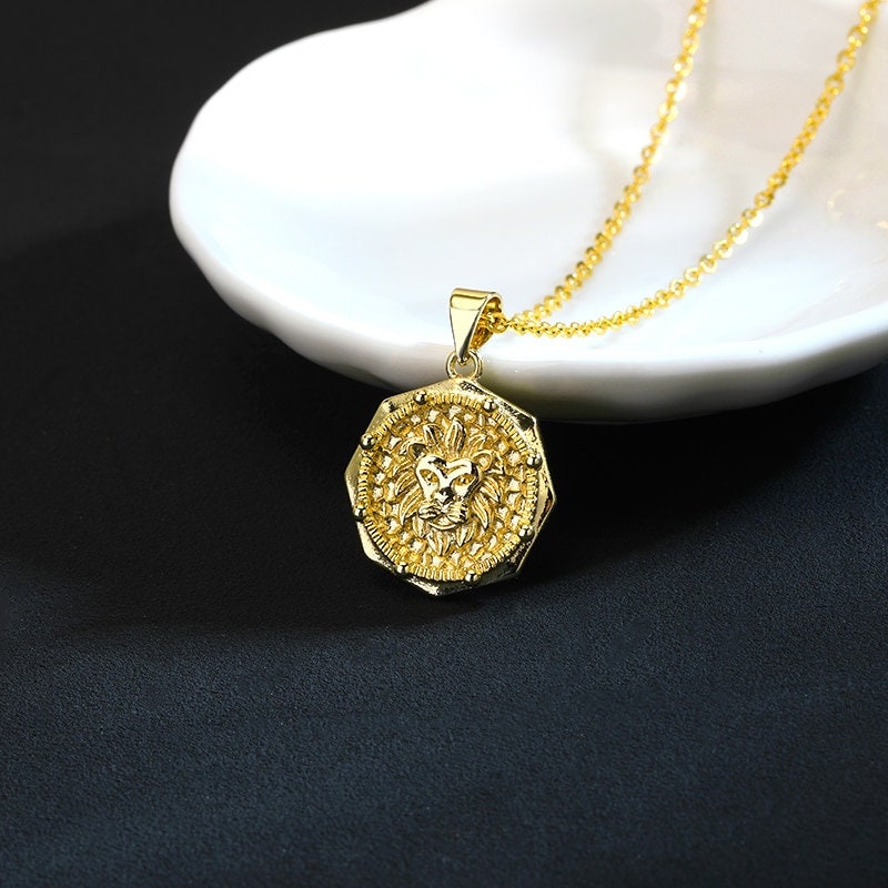 Punk Lion Medallion, Punk Lion Charm, 18K Gold Lion Medallion, Gold Lion Necklace, Lion Fashion Necklace for Women, Gift for Her