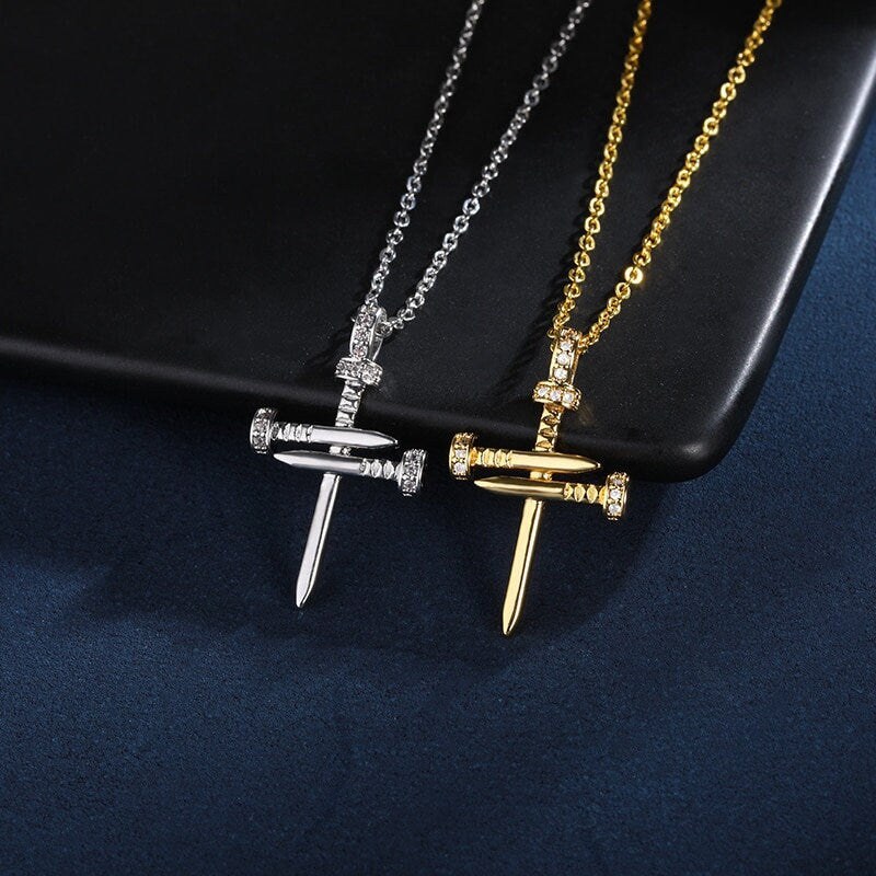 Punk Nail Necklace, Punk Cross Necklace, 18K Gold Cross Necklace, Punk Fashion Necklace for Women, Gift for Her