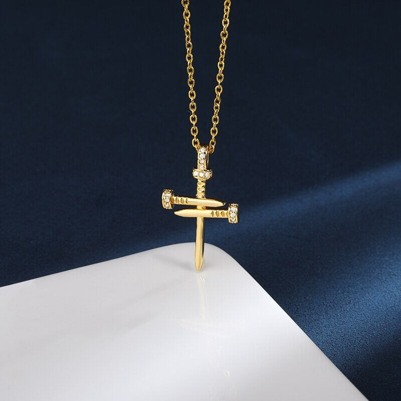 Punk Nail Necklace, Punk Cross Necklace, 18K Gold Cross Necklace, Punk Fashion Necklace for Women, Gift for Her