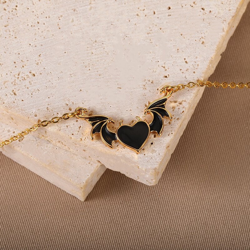 Gothic Demon Wings, Gothic Heart Necklace, 18K Gold Demon Wings Necklace, Gothic Black Heart Fashion Necklace for Women, Gift for Her