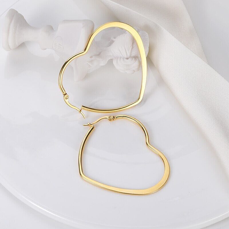 Big Heart Hoop Earrings, 18K Gold Hoop Earrings, Gold Heart Hoops, Heart Fashion Hoop Earrings for Women, Gift for Her