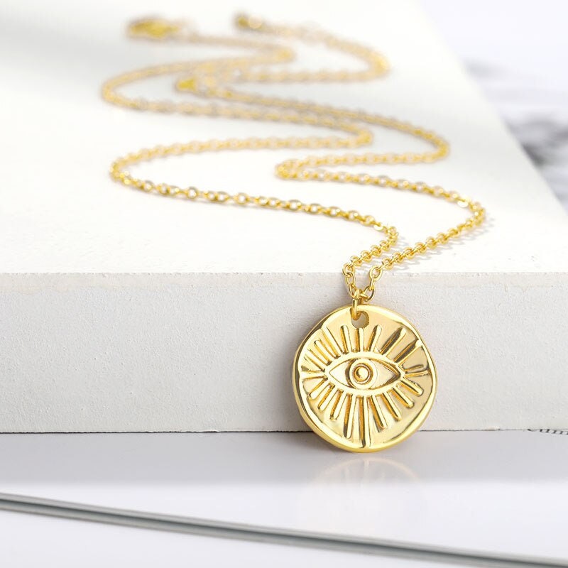 Evil Eye Charm, Evil Eye Coin Pendant, Gold Evil Eye Necklace, Gothic Evil Eye Pendant, Evil Eye Fashion Necklace for Women, Gift for Her