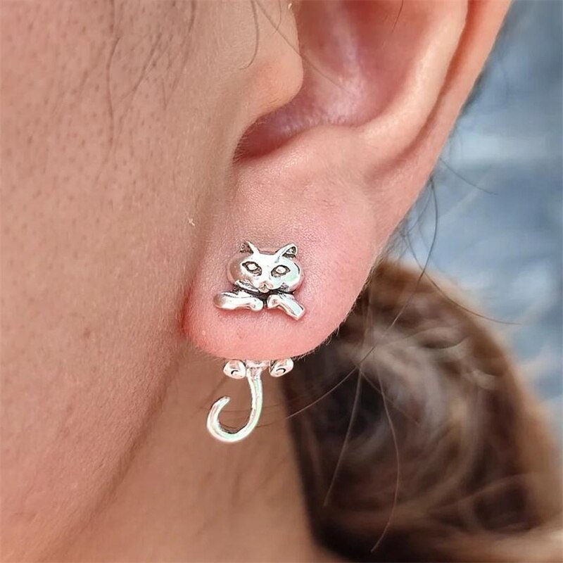 Gothic Cat Earrings, Punk Cat Earrings, Silver Cat Earrings, Cute Cat Earrings, Punk Fashion Earrings for Women, Gift for Her