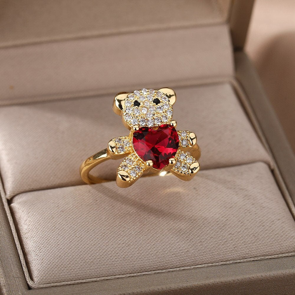 Punk Bear Ring, Crystal Bear Ring, 18K Gold Bear Ring, Teddy Bear Ring, Punk Fashion Ring for Women, Gift for Her