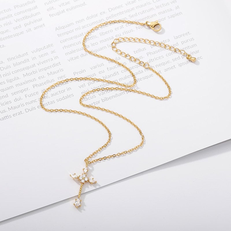 Gothic Cross, Jesus Necklace, Crystal Cross, Crystal Jesus, 18K Gold Cross Necklace, Christian Fashion Necklace for Women, Gift for Her