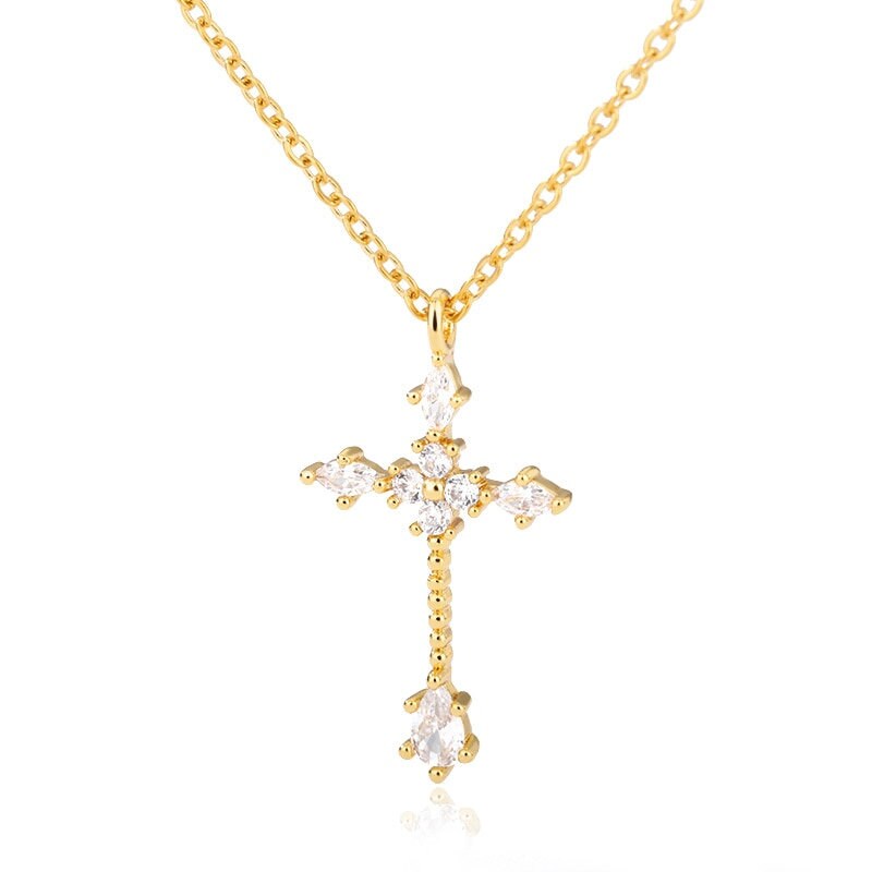 Gothic Cross, Jesus Necklace, Crystal Cross, Crystal Jesus, 18K Gold Cross Necklace, Christian Fashion Necklace for Women, Gift for Her