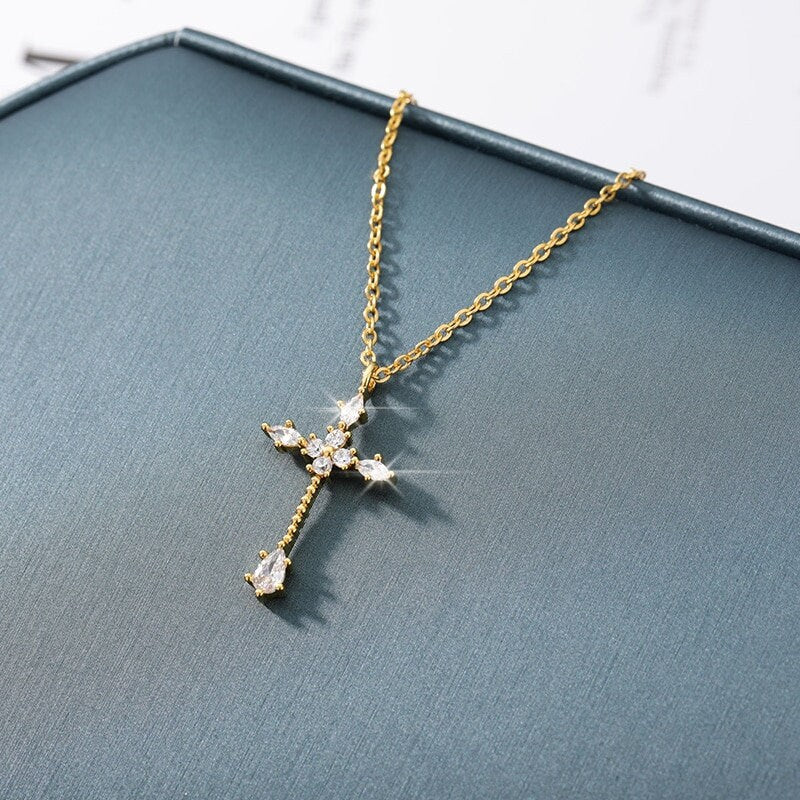 Gothic Cross, Jesus Necklace, Crystal Cross, Crystal Jesus, 18K Gold Cross Necklace, Christian Fashion Necklace for Women, Gift for Her