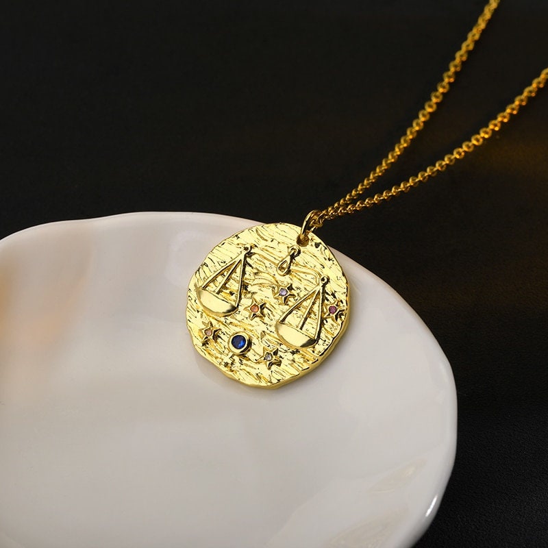 Organic Horoscope Coin, Horoscope Coin Charm, Horoscope Pendant, 18K Gold Horoscope Necklace, Constellation Necklace for Women, Gift for Her