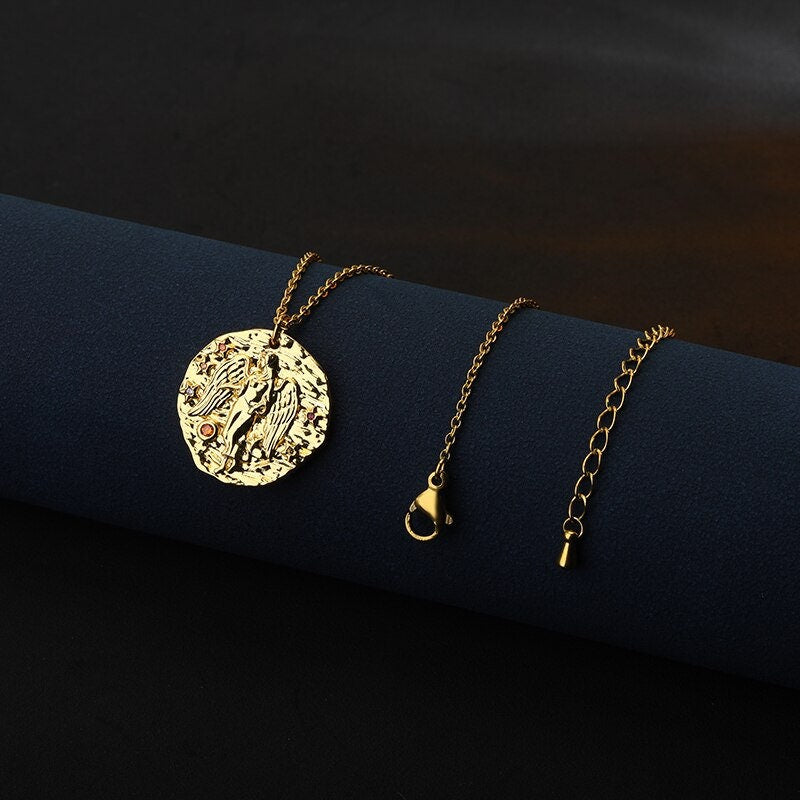 Organic Horoscope Coin, Horoscope Coin Charm, Horoscope Pendant, 18K Gold Horoscope Necklace, Constellation Necklace for Women, Gift for Her