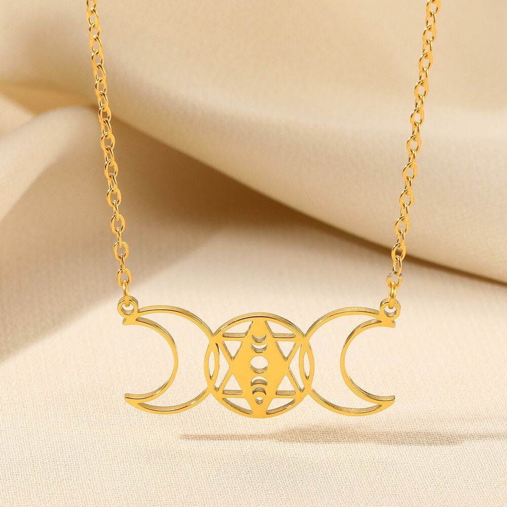 Gothic Wicca Necklace, Gothic Goddess, 18K Gold Goddess Necklace, Moon Goddess, Wicca Fashion Necklace for Women, Gift for Her
