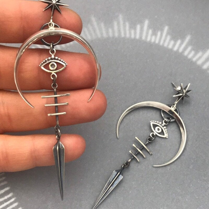 Gothic Evil Eye Drop Earrings, Gothic Moon Earrings, Gothic Dangle Earrings, Gothic Fashion Earrings for Women, Gift for Her