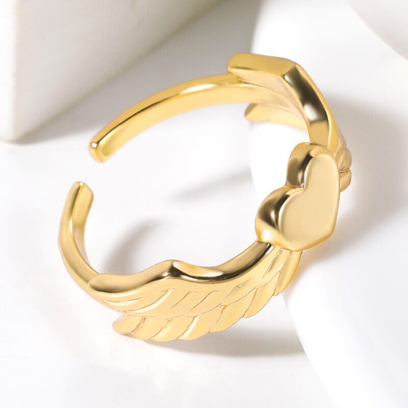 Punk Heart Ring, Punk Angel Wings Heart Ring, 18K Gold Heart Ring, Gold Wings Ring, Punk Fashion Ring for Women, Gift for Her