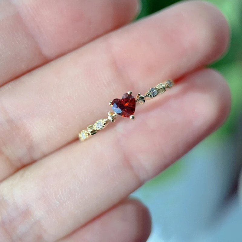 Dainty Red Heart Ring, Crystal Heart Ring, Gold Heart Ring, Gold Crystal Heart Ring, Fashion Ring for Women, Gift for Her