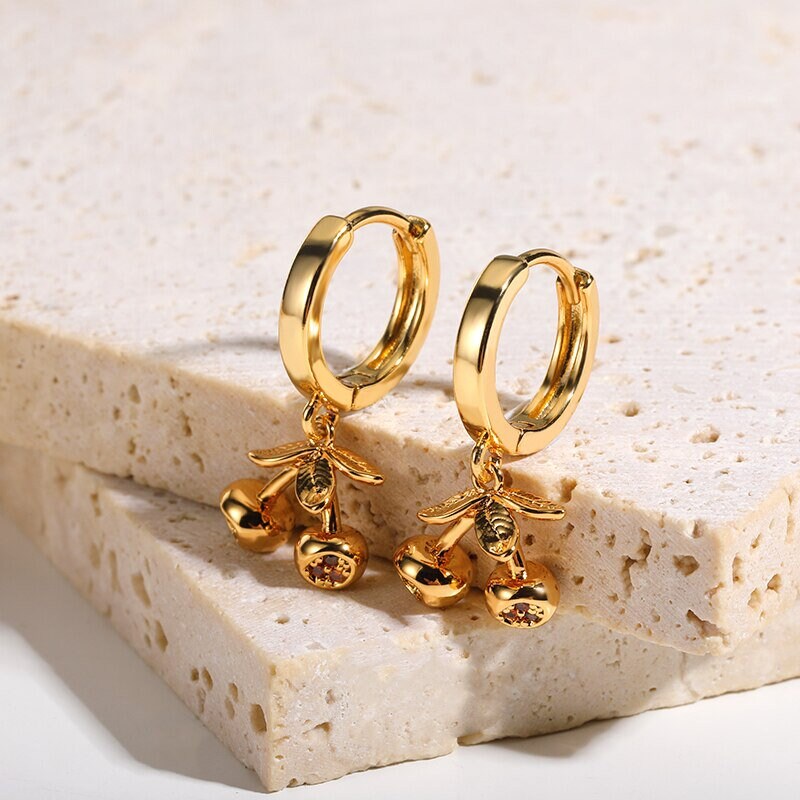 Cute Cherry Earrings, Punk Cherry Earrings, 18K Gold Cherry Earrings, Punk Fashion Earrings for Women, Gift for Her