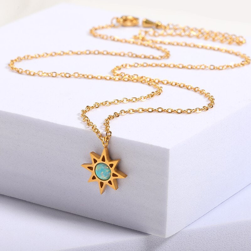 Gothic Sun Necklace, Opal Sun Charm, 18K Gold Sun Necklace, Opal Sun Pendant, Gothic Sun Fashion Necklace for Women, Gift for Her