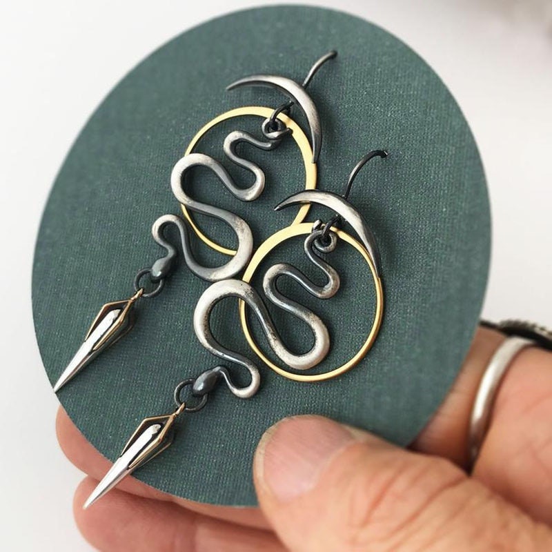 Gothic Snake Earrings, Snake Drop Earrings, Gothic Moon Earrings, Moon Drop Earrings, Gothic Fashion Earrings for Women, Gift for Her