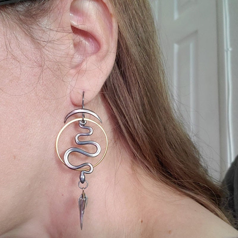 Gothic Snake Earrings, Snake Drop Earrings, Gothic Moon Earrings, Moon Drop Earrings, Gothic Fashion Earrings for Women, Gift for Her