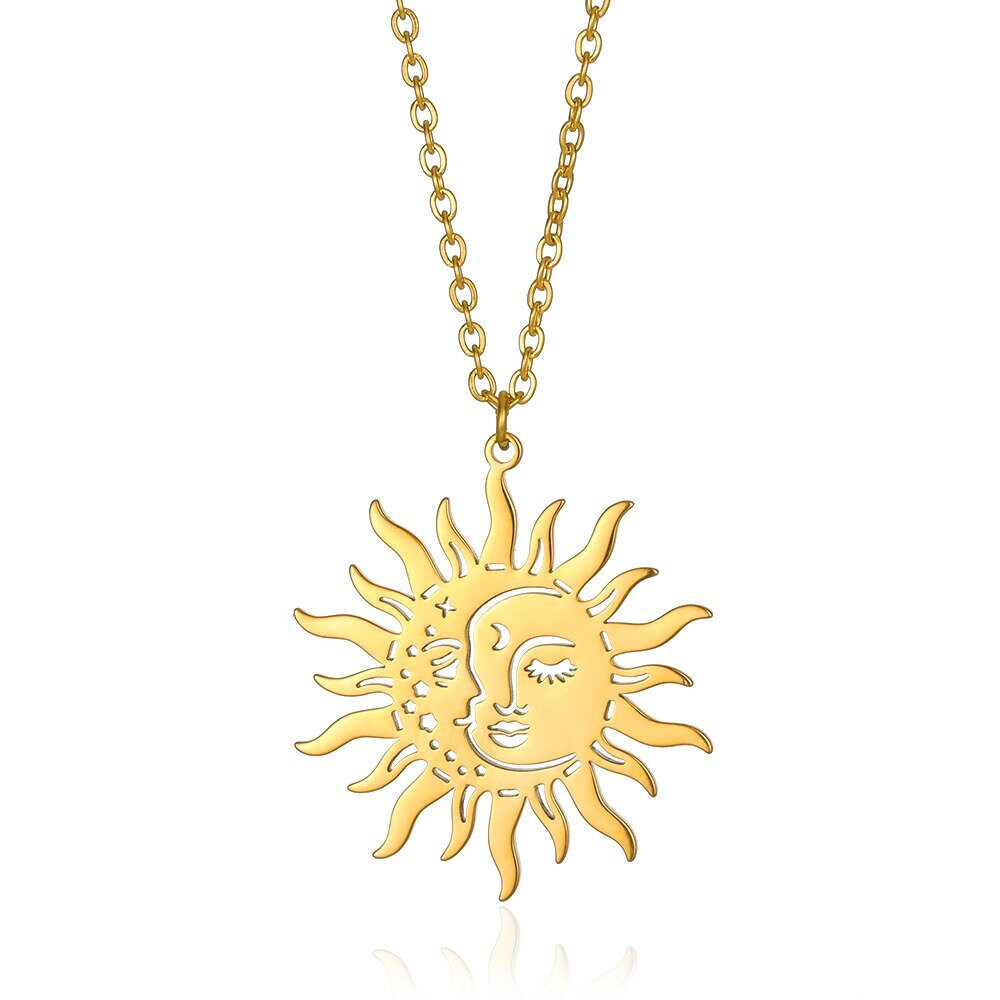 Gothic Sun &amp; Moon Pendant, Tarot Sun Moon Pendant, 18K Gold Tarot Necklace, Gold Moon Sun Necklace, Celestial Fashion Necklace for Women